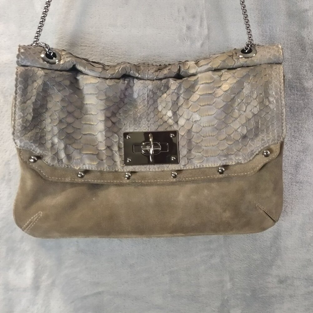 BE and D Suede Embossed Leather Shoulder Bag Silver‎ Chain Turnlock OS Designer